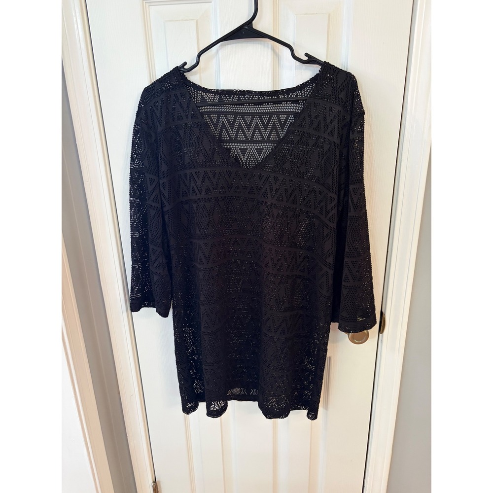 Unbranded Swim Cover Up Womens L Black Crochet Geometric V-Neck 3/4 Sleeve Boho